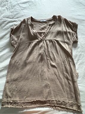 ARCADIA Crinkle Cotton Double Gauze Dress Boho Raw Hem Cream S/M